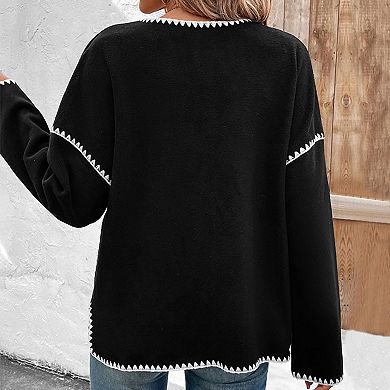 Women Fall Oversized Color Block Long Sleeve Casual Jacket White Trim Round Neck Button Pockets Coat