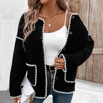 Women Fall Oversized Color Block Long Sleeve Casual Jacket White Trim Round Neck Button Pockets Coat