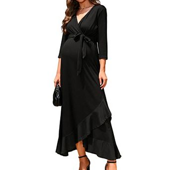 Women's Maternity Wrap V-Neck Maxi Dress Casual 3/4 Sleeve Party Long Dress