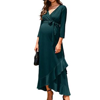 Women's Maternity Wrap V-Neck Maxi Dress Casual 3/4 Sleeve Party Long Dress