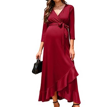 Women's Maternity Wrap V-Neck Maxi Dress Casual 3/4 Sleeve Party Long Dress