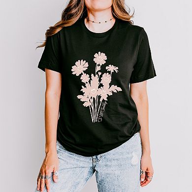 S.W.Smiley Pink Flower Silohuette - Women's Short Sleeve Graphic T-Shirt