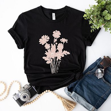 S.W.Smiley Pink Flower Silohuette - Women's Short Sleeve Graphic T-Shirt