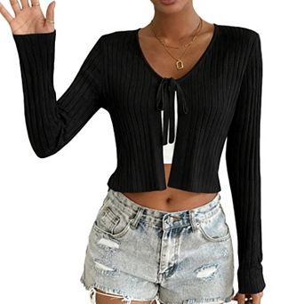 Women's Short Long Sleeve Tie-Front Casual Cover-Up Knit Cardigan