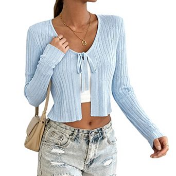 Women's Short Long Sleeve Tie-Front Casual Cover-Up Knit Cardigan