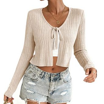 Women's Short Long Sleeve Tie-Front Casual Cover-Up Knit Cardigan