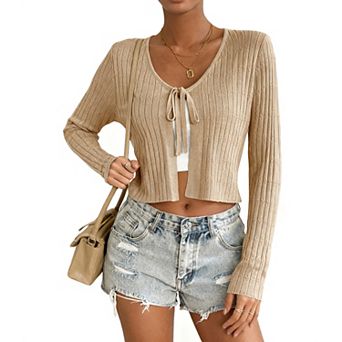 Women's Short Long Sleeve Tie-Front Casual Cover-Up Knit Cardigan