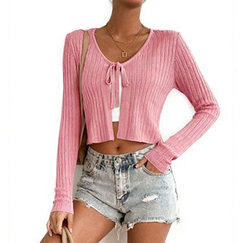 Women's Short Long Sleeve Tie-Front Casual Cover-Up Knit Cardigan