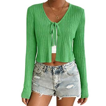 Women's Short Long Sleeve Tie-Front Casual Cover-Up Knit Cardigan