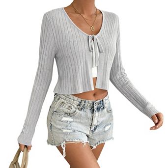 Women's Short Long Sleeve Tie-Front Casual Cover-Up Knit Cardigan