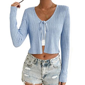 Women's Short Long Sleeve Tie-Front Casual Cover-Up Knit Cardigan