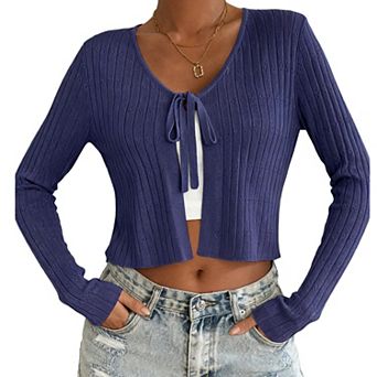 Women's Short Long Sleeve Tie-Front Casual Cover-Up Knit Cardigan