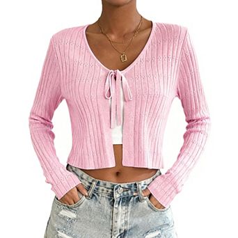 Women's Short Long Sleeve Tie-Front Casual Cover-Up Knit Cardigan