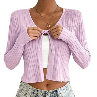 Women's Short Long Sleeve Tie-Front Casual Cover-Up Knit Cardigan