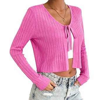 Women's Short Long Sleeve Tie-Front Casual Cover-Up Knit Cardigan