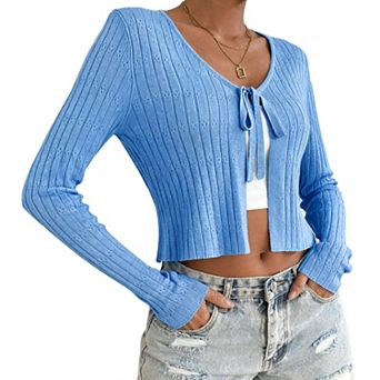 Women's Short Long Sleeve Tie-Front Casual Cover-Up Knit Cardigan