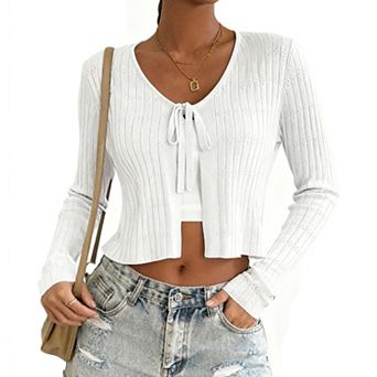 Women's Short Long Sleeve Tie-Front Casual Cover-Up Knit Cardigan