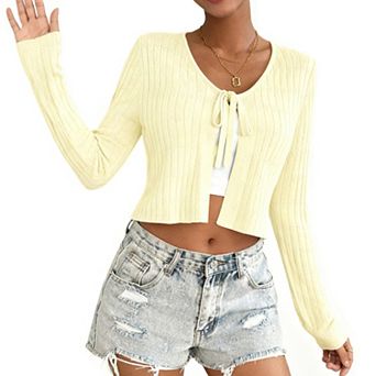 Women's Short Long Sleeve Tie-Front Casual Cover-Up Knit Cardigan