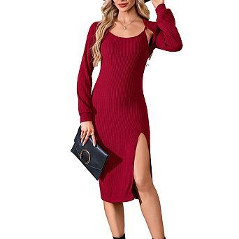 Womens Knit Camisole Slit Dress Long Sleeve Cardigan Top Two Piece Set