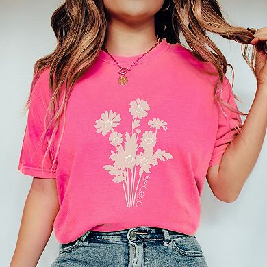 S.W.Smiley Pink Flower Silohuette - Women's Garment Dyed Graphic T-Shirt