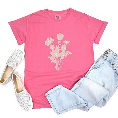 S.W.Smiley Pink Flower Silohuette - Women's Garment Dyed Graphic T-Shirt