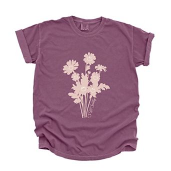 S.W.Smiley Pink Flower Silohuette - Women's Garment Dyed Graphic T-Shirt