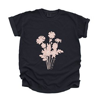 S.W.Smiley Pink Flower Silohuette - Women's Garment Dyed Graphic T-Shirt