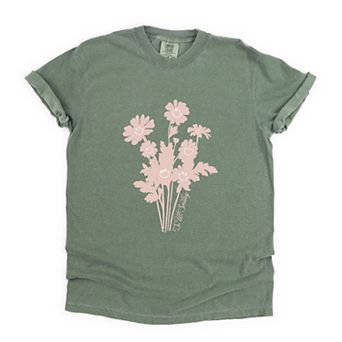 S.W.Smiley Pink Flower Silohuette - Women's Garment Dyed Graphic T-Shirt