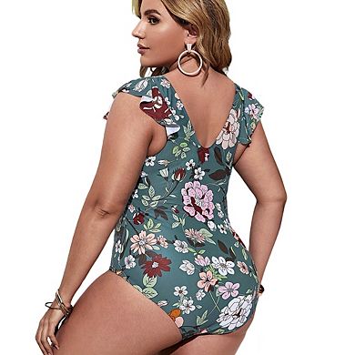 Womens Plus Size Slim Fit Print Ruffle Sleeve One Piece Bikini Swimsuit