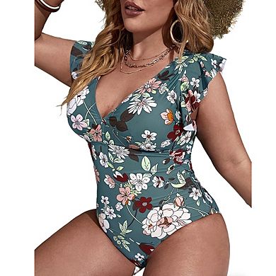 Womens Plus Size Slim Fit Print Ruffle Sleeve One Piece Bikini Swimsuit