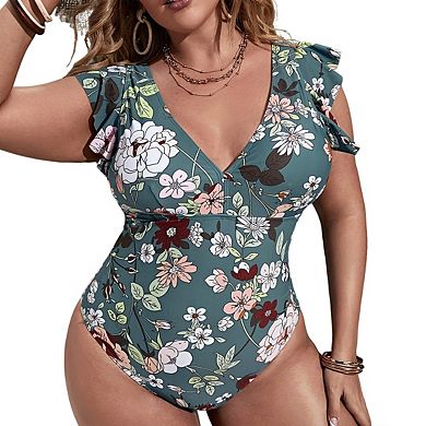 Womens Plus Size Slim Fit Print Ruffle Sleeve One Piece Bikini Swimsuit