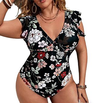 Womens Plus Size Slim Fit Print Ruffle Sleeve One Piece Bikini Swimsuit