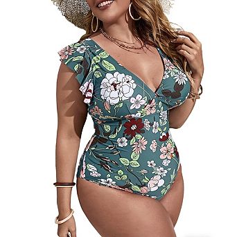 Womens Plus Size Slim Fit Print Ruffle Sleeve One Piece Bikini Swimsuit