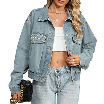 Womens Denim Vintage Jacket Top Collar Button Down Side Pocket Coat