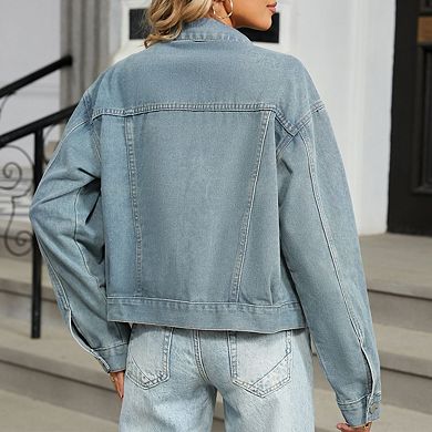 Womens Denim Vintage Jacket Top Collar Button Down Side Pocket Coat