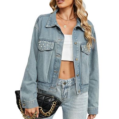 Womens Denim Vintage Jacket Top Collar Button Down Side Pocket Coat