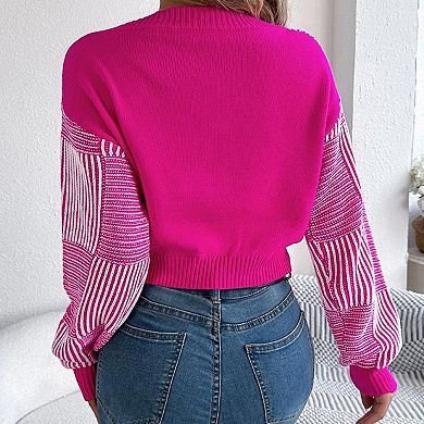 Women's Striped Puff Sleeve Sweater, Cropped Pullover with Elastic Cuffs