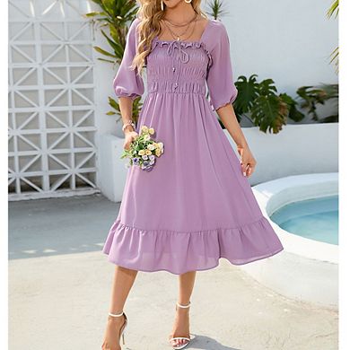 Women's Square Neck Midi Dress Puff Sleeve Smocked Waist Dress Party Summer Dress