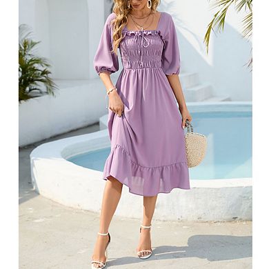 Women's Square Neck Midi Dress Puff Sleeve Smocked Waist Dress Party Summer Dress