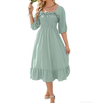 Women's Square Neck Midi Dress Puff Sleeve Smocked Waist Dress Party Summer Dress