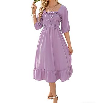 Women's Square Neck Midi Dress Puff Sleeve Smocked Waist Dress Party Summer Dress