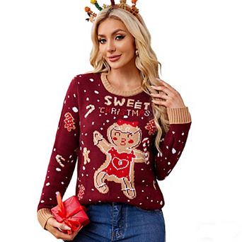 Women's Christmas Knit Pullover Sweater Crew Neck Festive Print