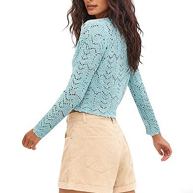 Womens Long Sleeve Crewneck Button Tie Front Cutout Knit Cardigan