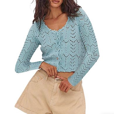 Womens Long Sleeve Crewneck Button Tie Front Cutout Knit Cardigan