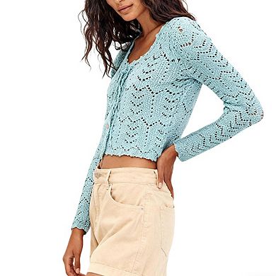 Womens Long Sleeve Crewneck Button Tie Front Cutout Knit Cardigan