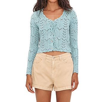 Womens Long Sleeve Crewneck Button Tie Front Cutout Knit Cardigan