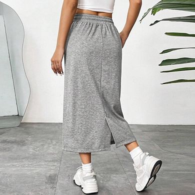 Womens Athletic Casual Loose Fit Elastic Waist Back Slit Skirt