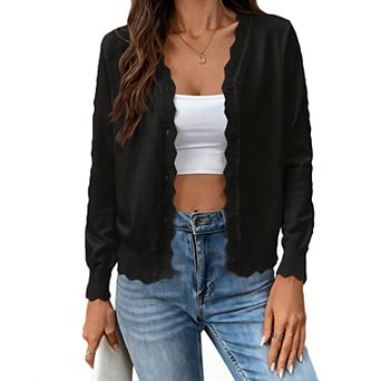 Women's V-Neck Knit Cardigan, Wave Edge Detail Long Sleeve Button Front Sweater