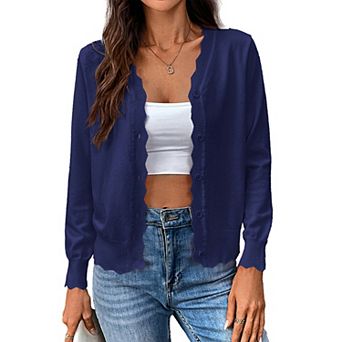 Women's V-Neck Knit Cardigan, Wave Edge Detail Long Sleeve Button Front Sweater