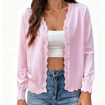 Women's V-Neck Knit Cardigan, Wave Edge Detail Long Sleeve Button Front Sweater